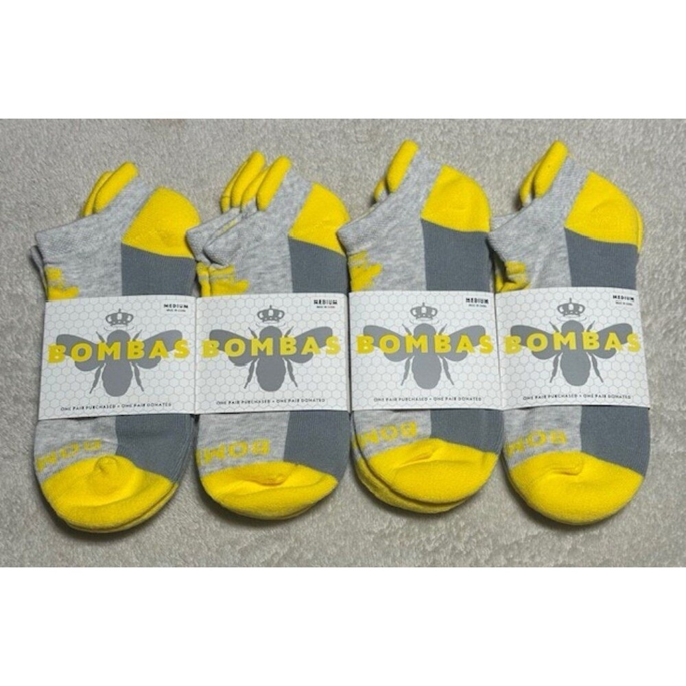 4 PACK Bombas Tri Block Yellow Grey Ankle Socks Size Medium (8-10.5) NEW